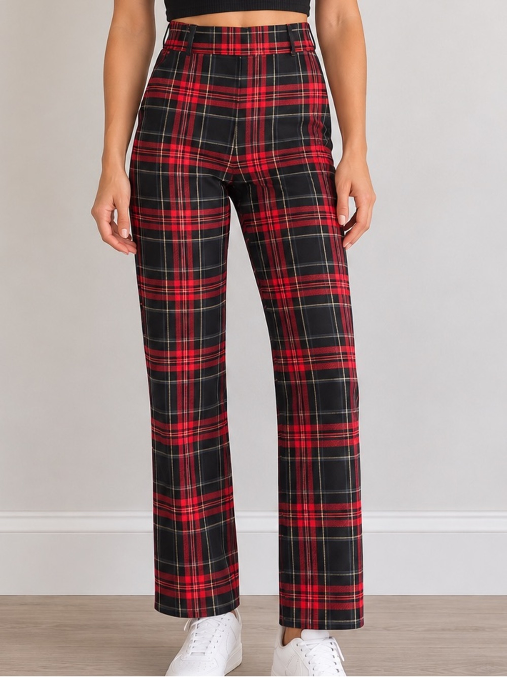ZARA Plaid Trousers Women’s Small US 5 Black Red Tartan High Waisted